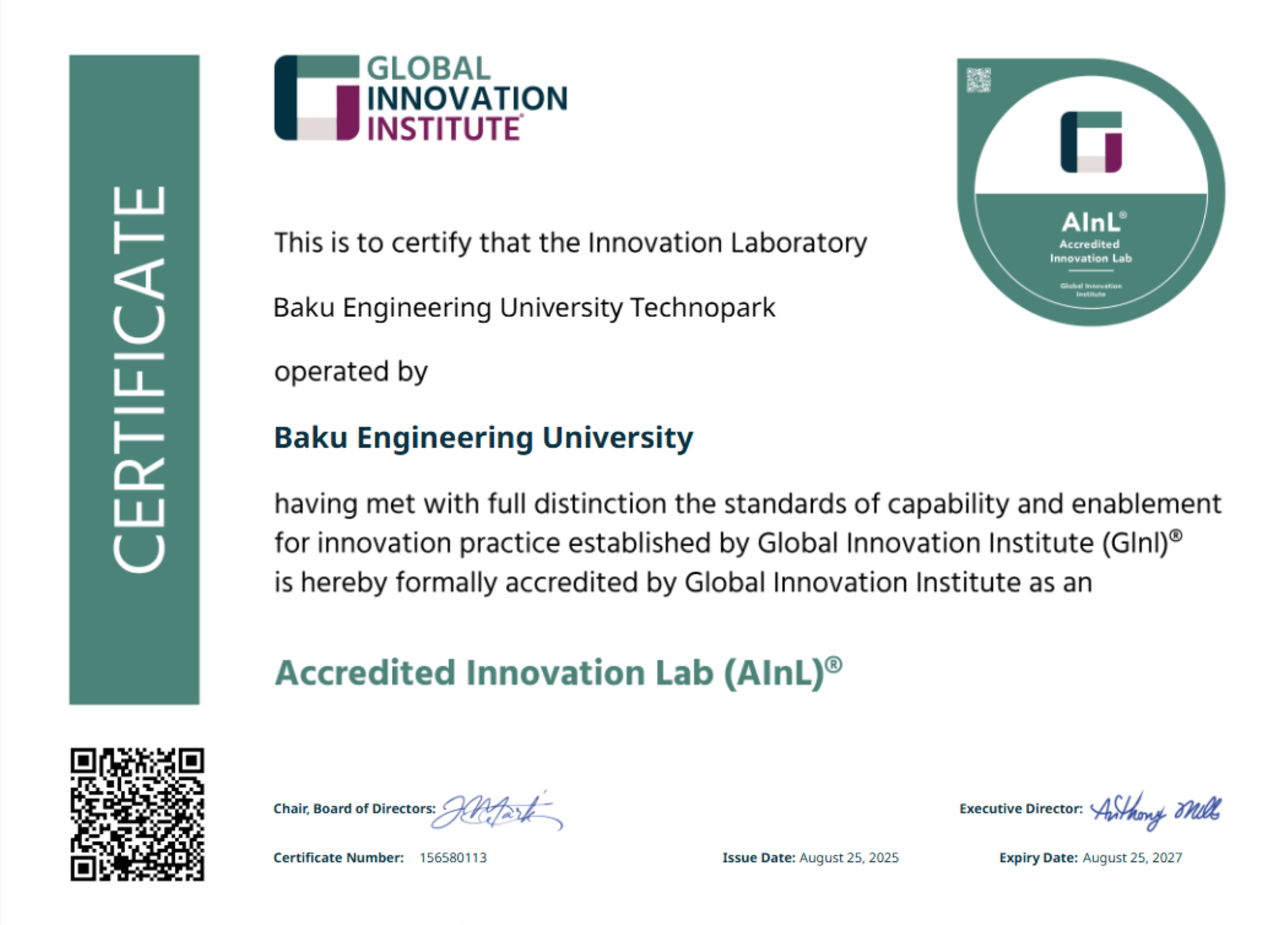 BMU Texnoparkı “Innovation Lab” sertifikatına layiq görülüb