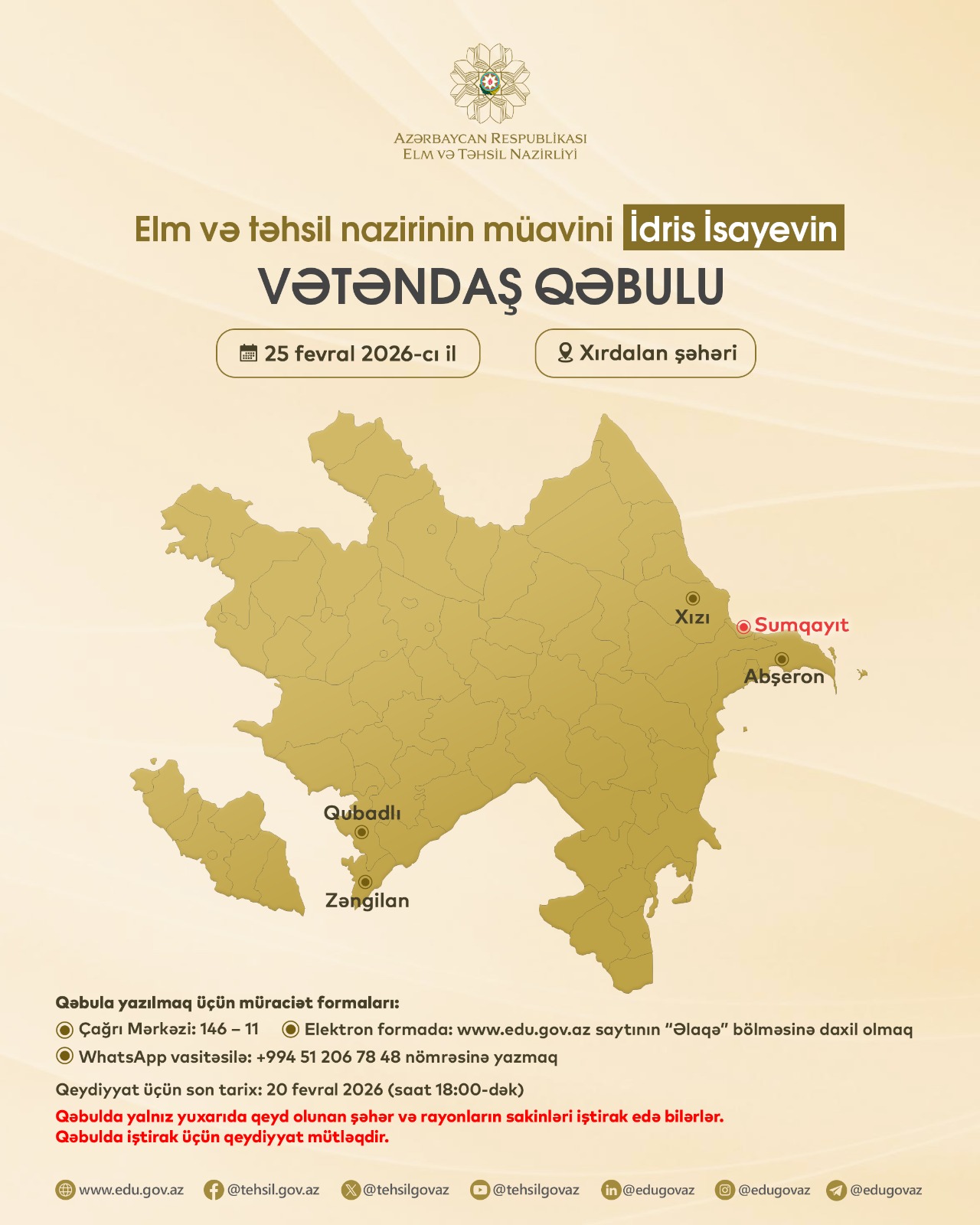 Nazir müavini İdris İsayev Xırdalanda vətəndaşları qəbul edəcək