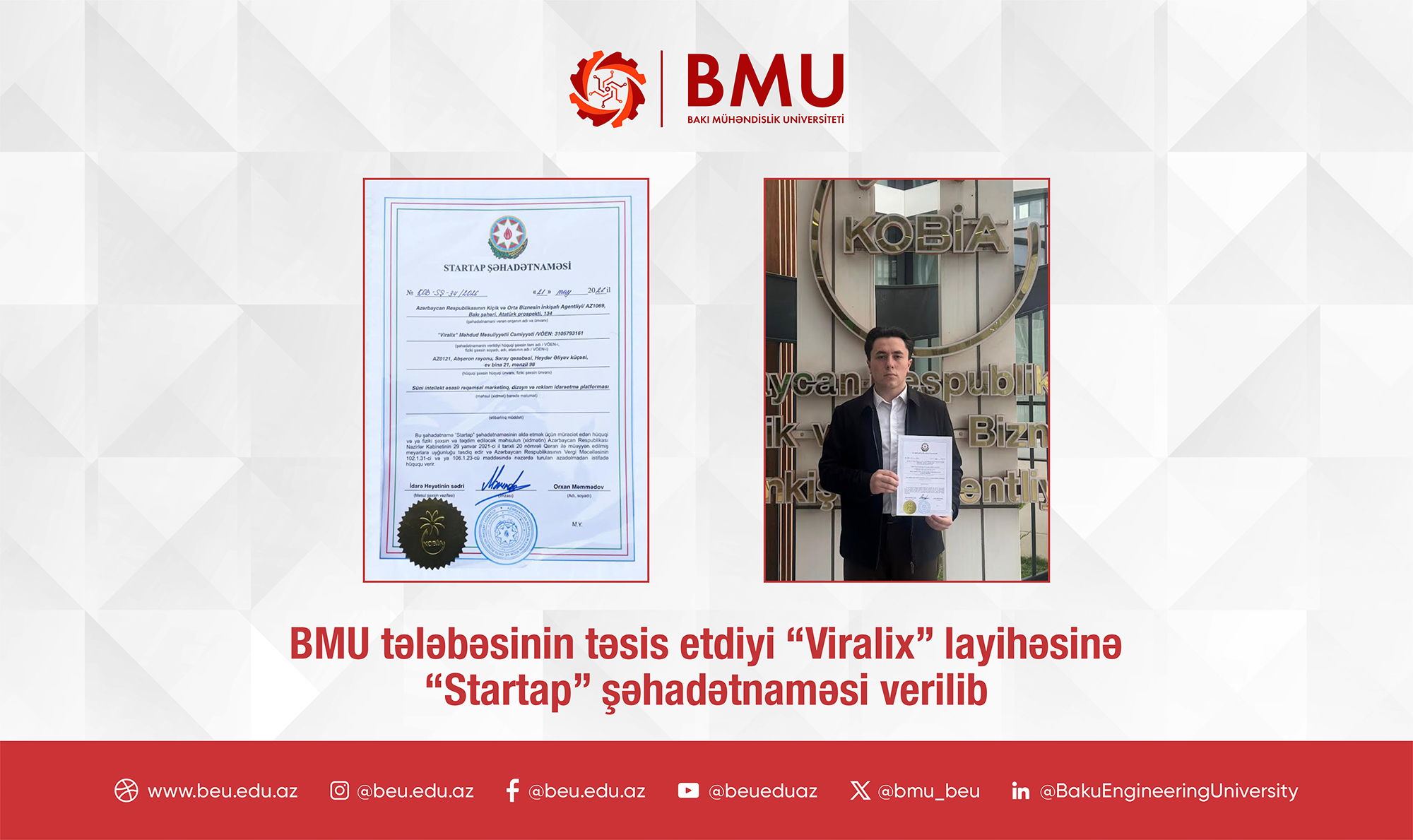BMU tələbəsinin layihəsinə &ldquo;Startap&rdquo; şəhadətnaməsi verilib
