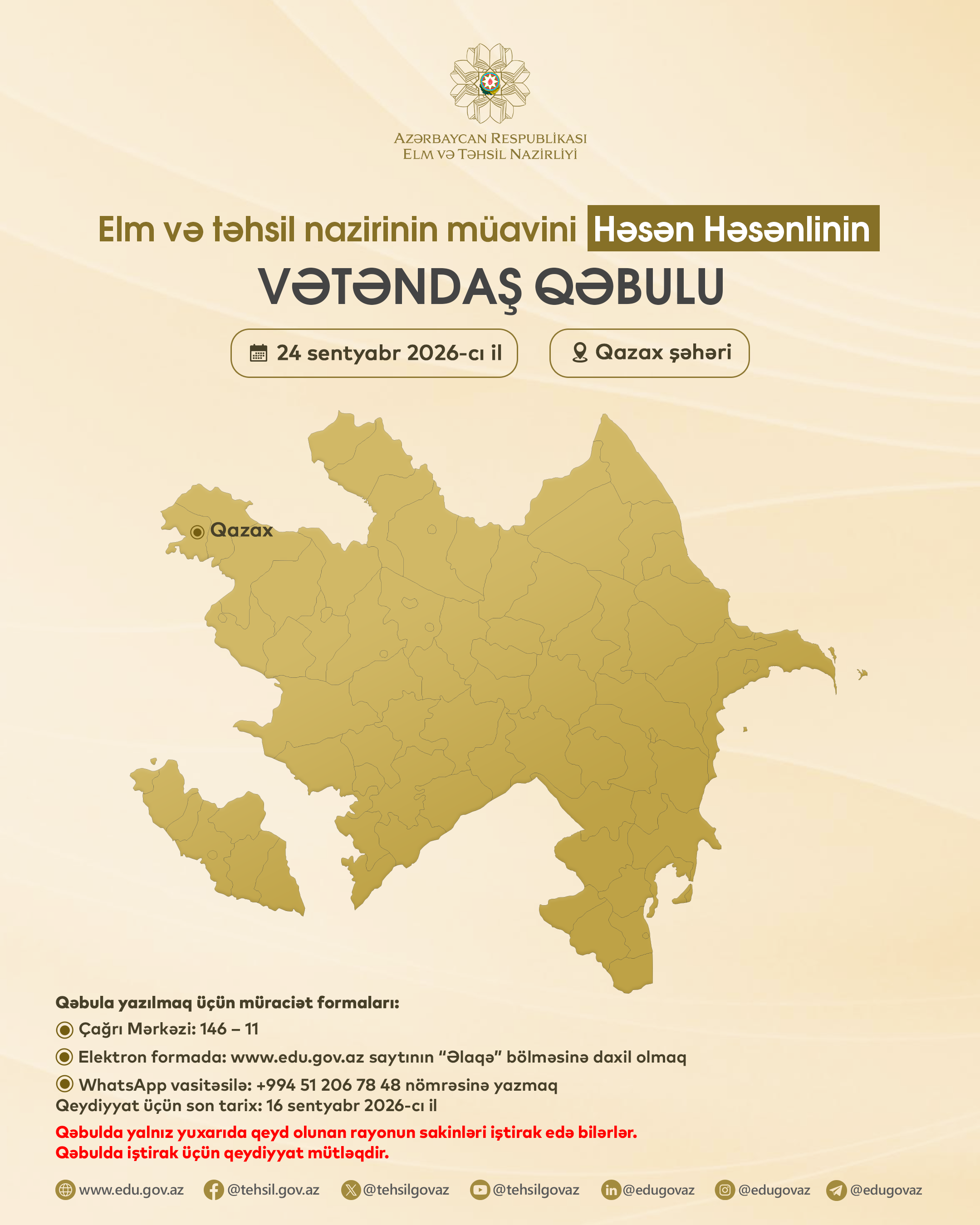 Nazir müavini Həsən Həsənlinin Qazaxdakı vətəndaş qəbulunun vaxtı dəyişdirilib